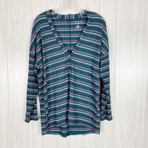 American Eagle | Green & Orange Striped Plush Button Front Cardigan Size Small